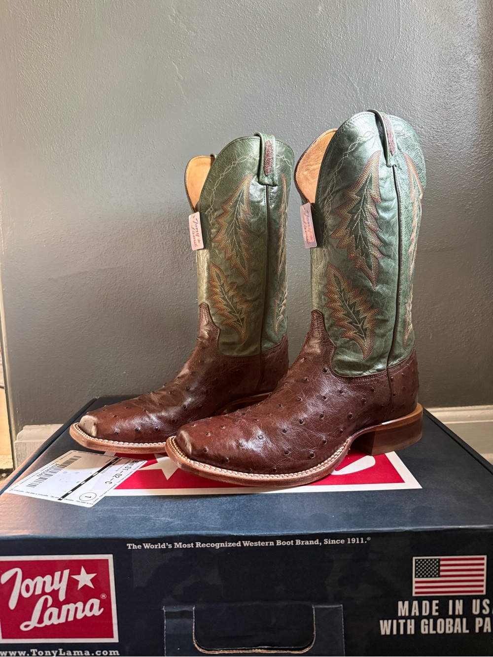 Tony Lama Brown Ostrich Western Boots with Green Embroidered Shaft - Picture 2 of 9